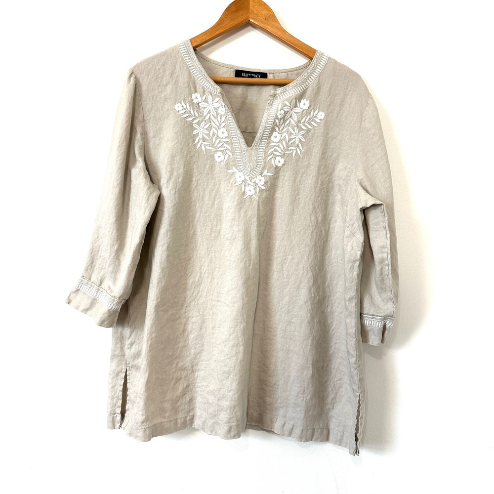 Linen Embroidered Tunic Top XL Beige Boho Coastal Minimalist Top Ellen Tracy